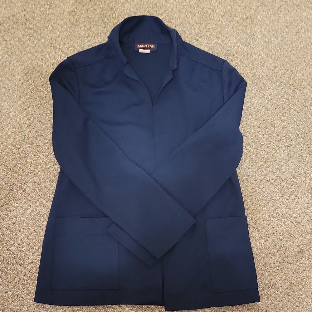 MARLENE Navy Blue Open Front Patch Pocket Mid-Length Women's Basic Jacket